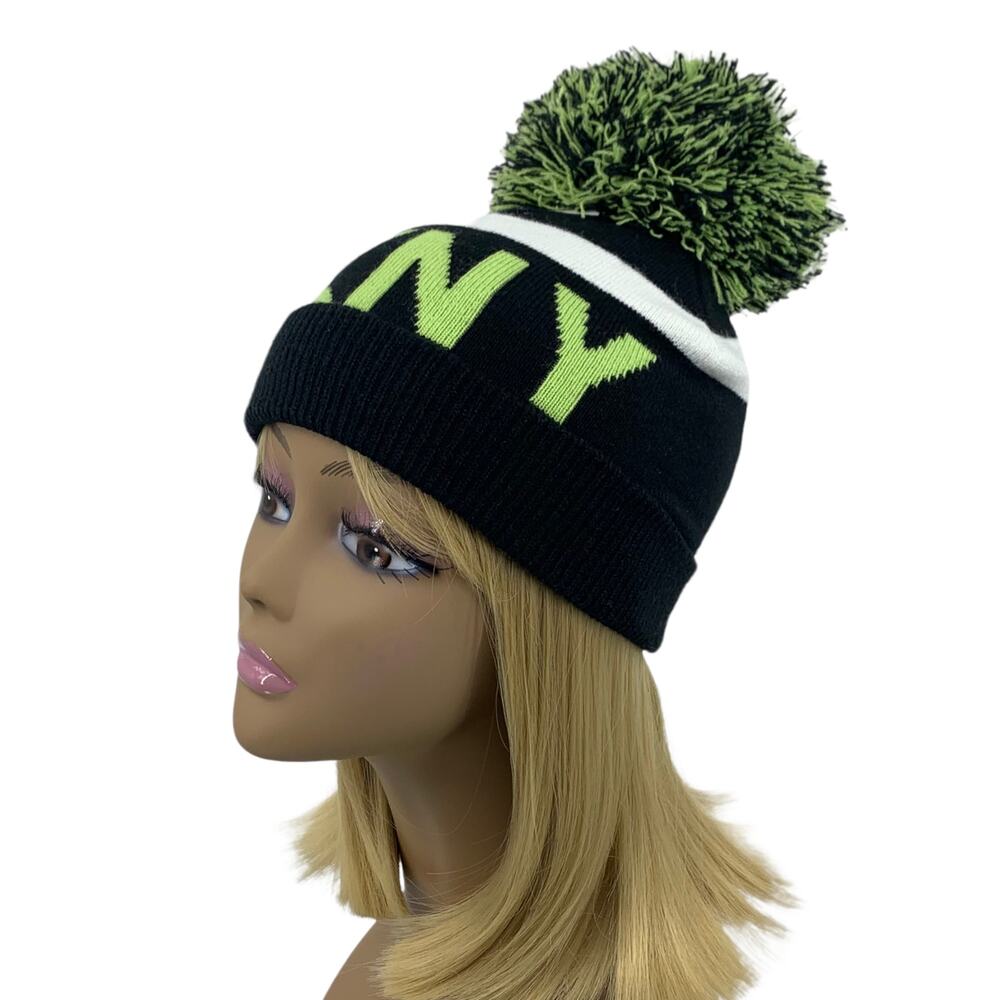 DKNY Logo Stadium Pom Pom Knitted Beanie Hat Womens One Size Black Neon Yellow
